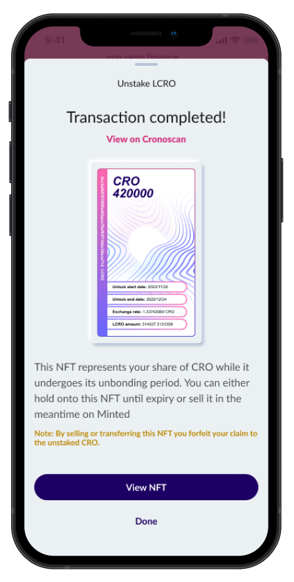 Unstaking on Veno Finance mockup